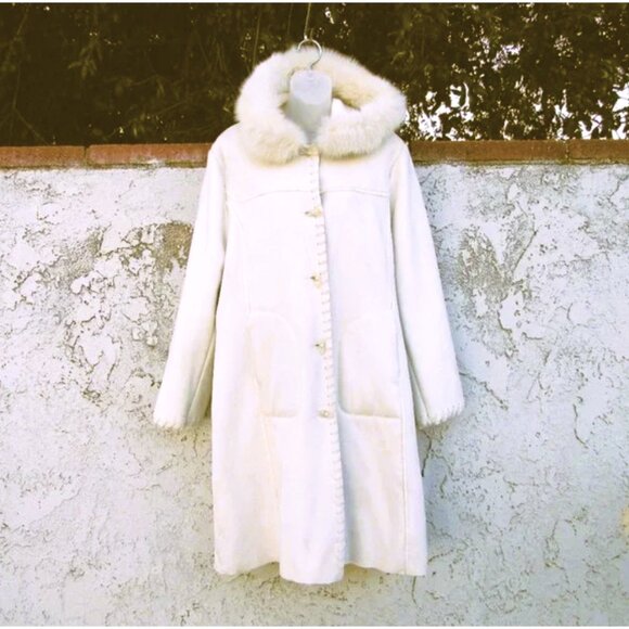 Wilson Leather fox fur trim faux suede ivory coat XL
